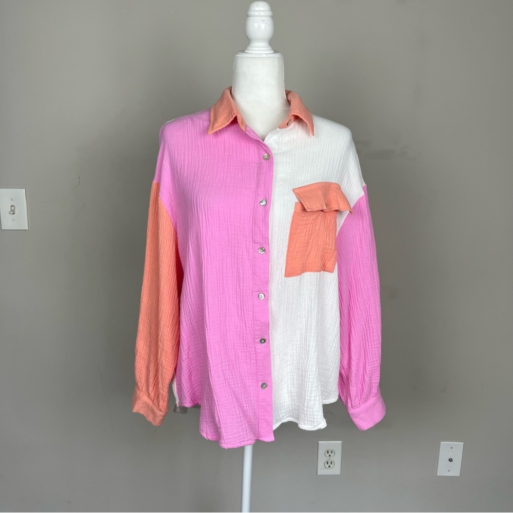 ENTRO COLOR BLOCK BUTTON UP COLLARED COTTON GAUZY TOP SIZE SMALL - Picture 2 of 15